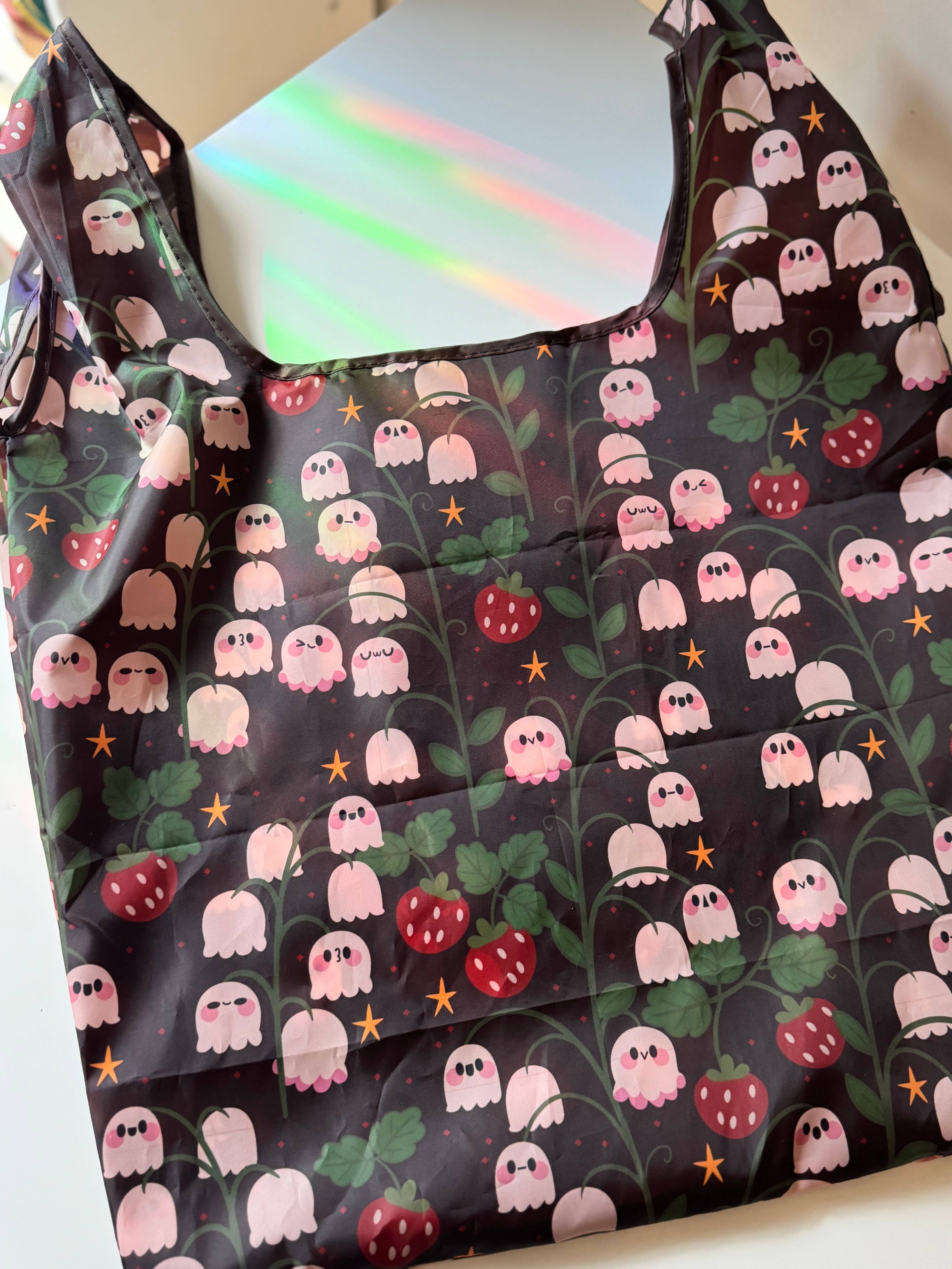 CrescentCatCo - Wholesale Grocery/Shopping Bag - Ghostie & Berries Spooky Reusable Shopping Bag, Fold Up4