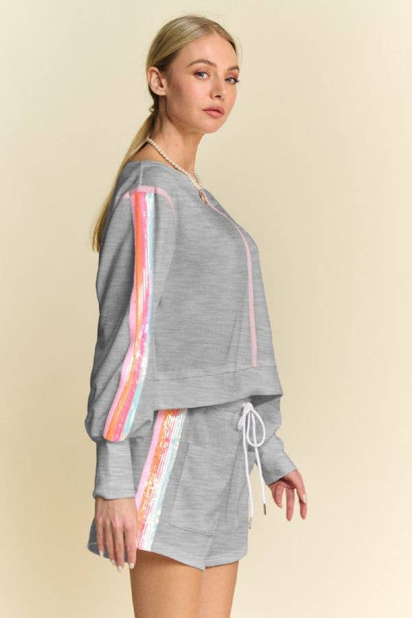 Davi & Dani - Vente Ensemble haut et pantalon (PAS d'intérieur) - Femme - ENSEMBLE HAUT À MANCHES LONGUES À RAYURES PAILLETÉES ET SHORT2