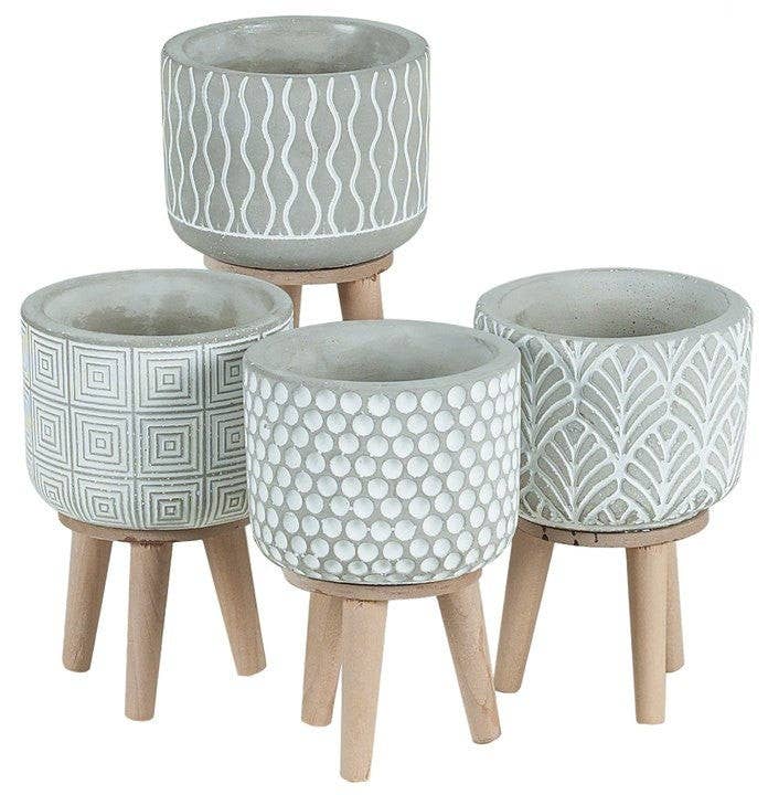Will's Company - Wholesale Plant Pot - Cement Planter with Tripod Wood Legs - 4 styles, 4.5" H