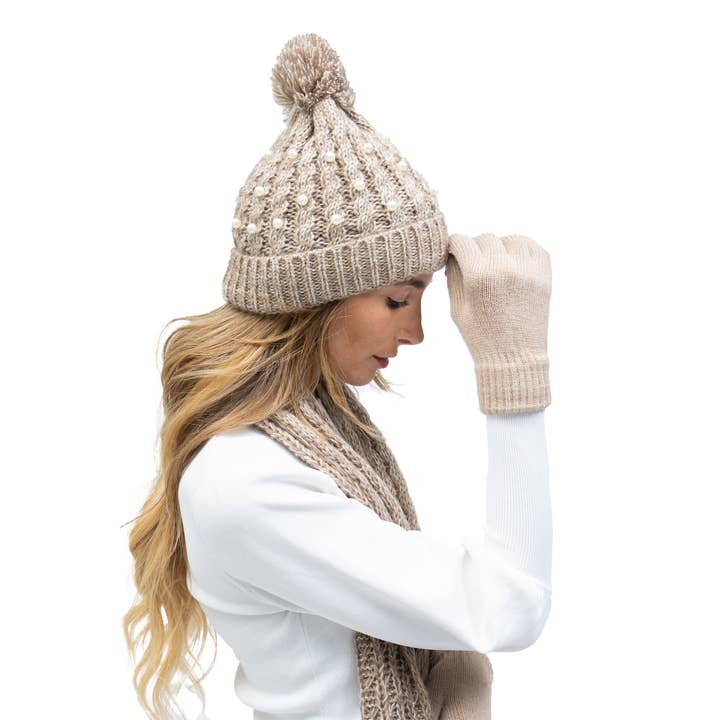TAUPE Just Jamie 3-Piece Marled Knit Hat, Scarf, and Gloves Set with Pearls for wholesale on Faire4