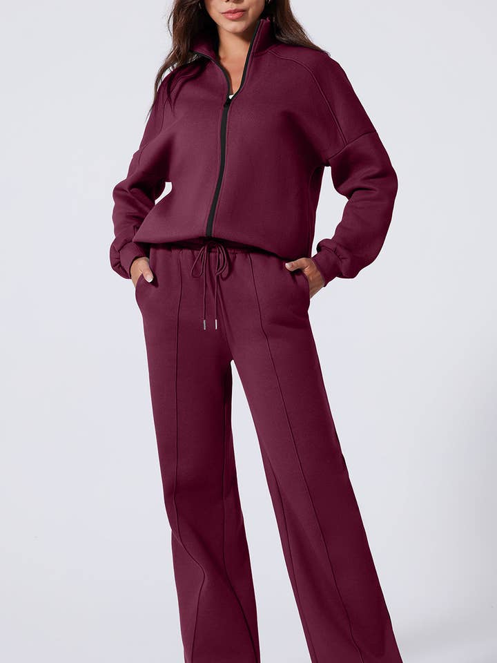 Burgundy Drop Shoulder Zip Up Jacket Drawstring Pants Active 2pcs Set for wholesale by Sweet Lover Fashion