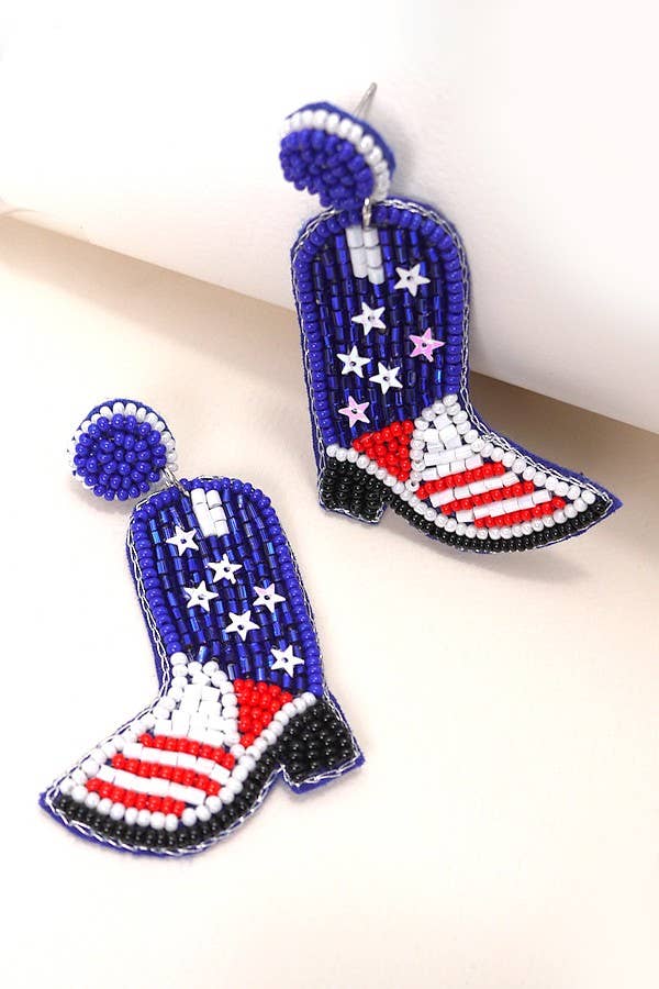 MULTI 4TH OF JULY SEEDBEAD BOOT FLAG DROP EARRINGS | 91E115277 for wholesale on Faire2