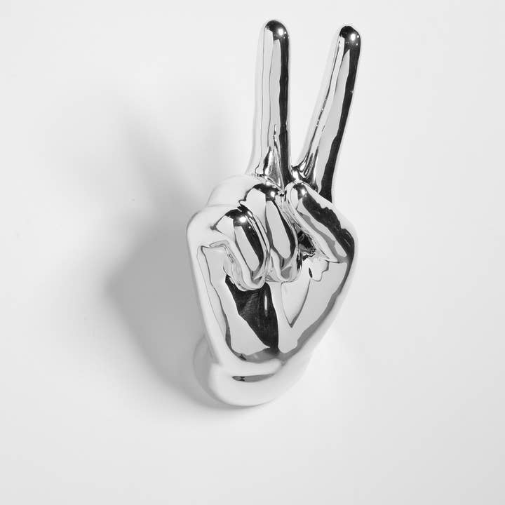 Silver Peace Hand Wall Mounted hook sculpture - 9" tall for wholesale by Interior Illusions Plus