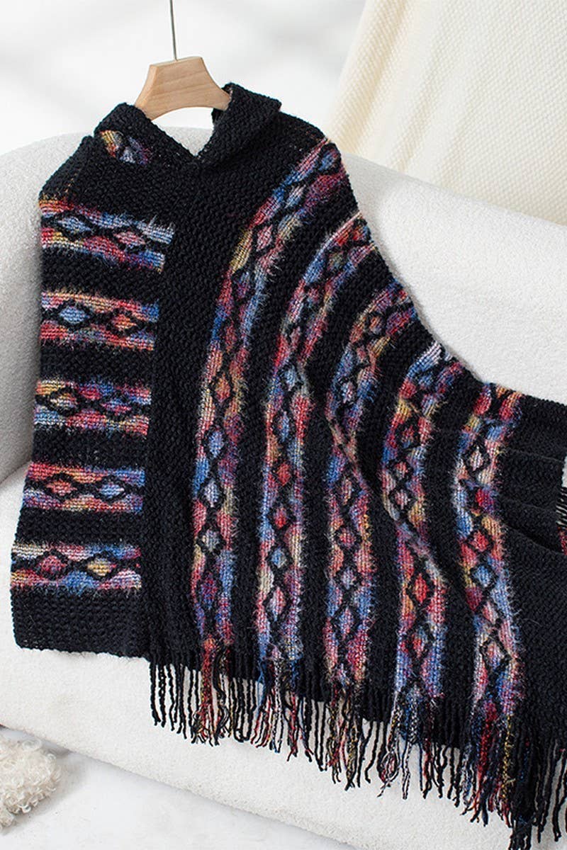 NINEXIS - Wholesale Knit Sweater - Women's - CWOSWS0091_STRIPED HOODED KNITTED FRINGED CAPE SHAWL5