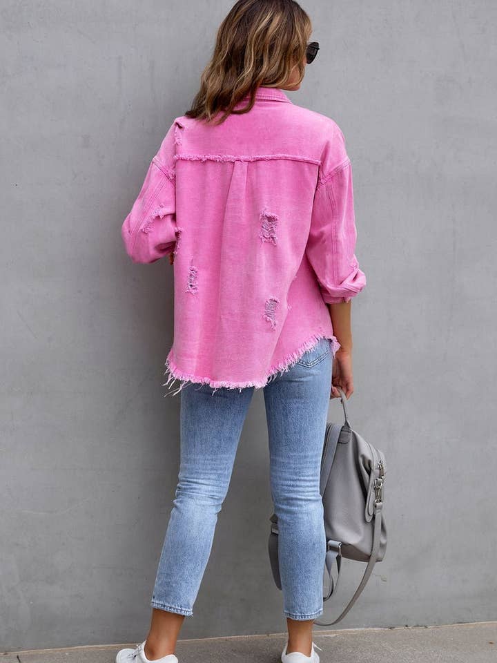 Lily Clothing - Wholesale Denim Jacket - Women's - Old solid color denim coat with lapel and ripped raw edge
