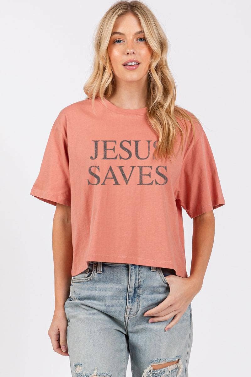 Zutter - Wholesale Screen Printed T-Shirt - Women's - Jesus Saves Graphic S/S Relaxed Faux Crop Tee8