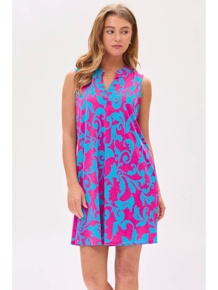 Magenta Teal Mandarin Collar Tank Dress for wholesale on Faire