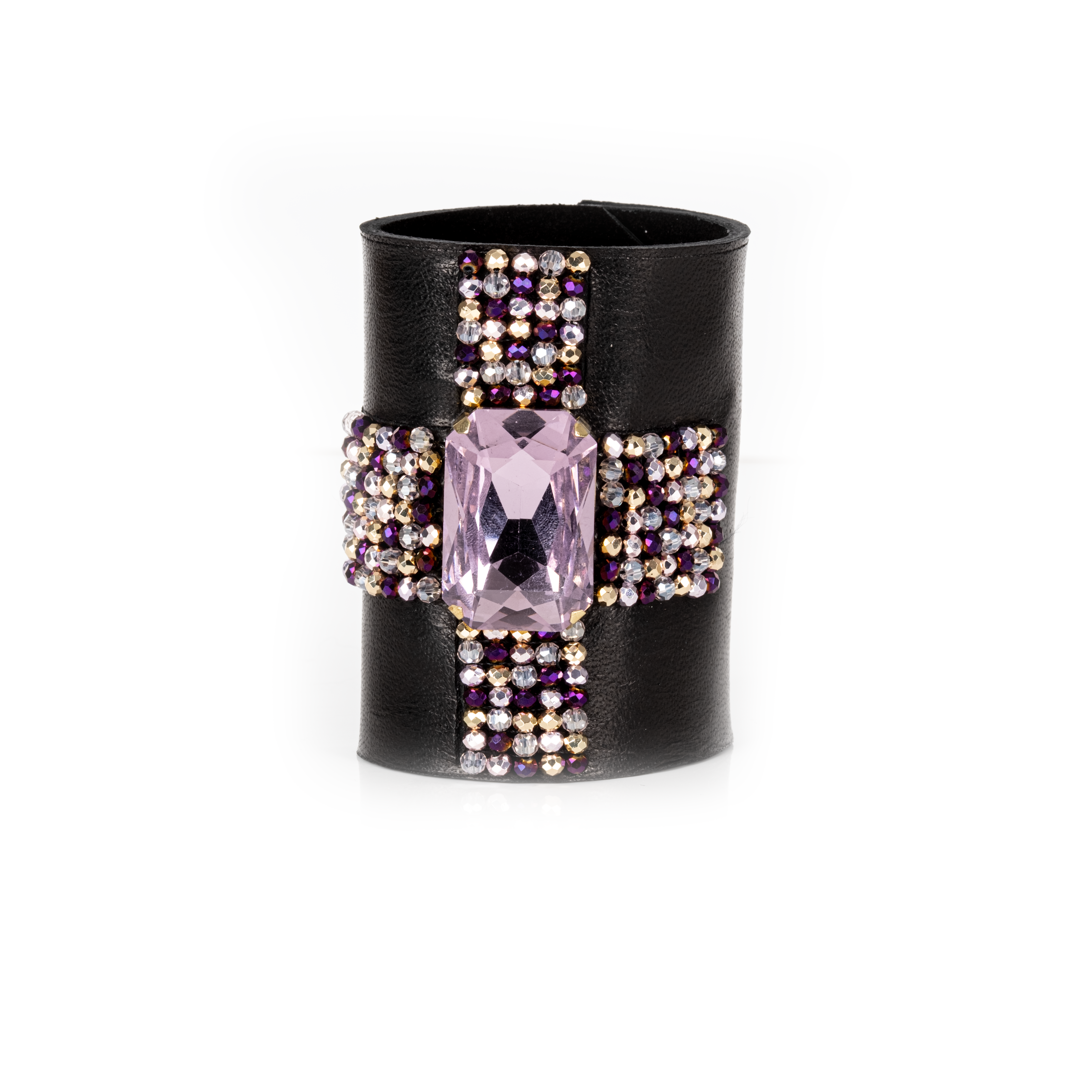 The Dark - Wholesale Cuff Bracelet - Crystal Ribbon Leather Cuff Bracelet Black & Violet Spark2