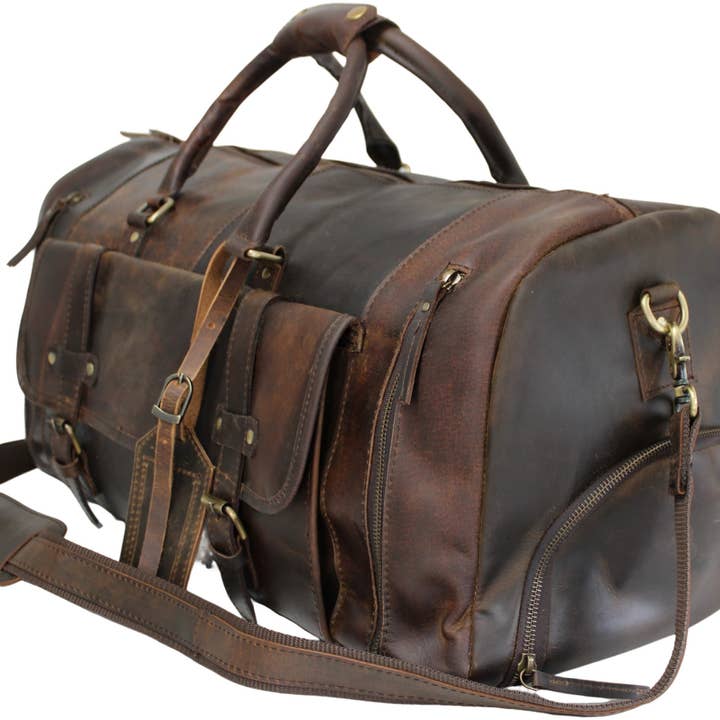 hide & chic - Wholesale Weekender bag – Unisex - Quality Full Grain Genuine Leather Travel Bag with Adjustable Shoulder Strap. FREE Leather Apple Air-tag Holder.19