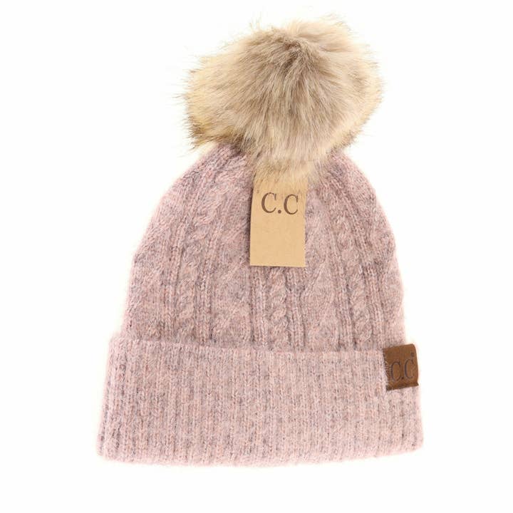C.C Beanie - Wholesale Beanie - Women's - Soft Cuff Cable Knit Fur Pom C.C Beanie HAT20873