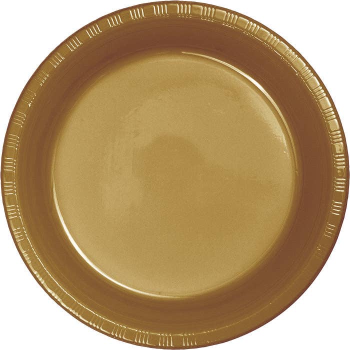 Bulk Glittering Gold Plastic Banquet Plates 10.25 inch (240 per Case) for wholesale by Bulk Party Decor