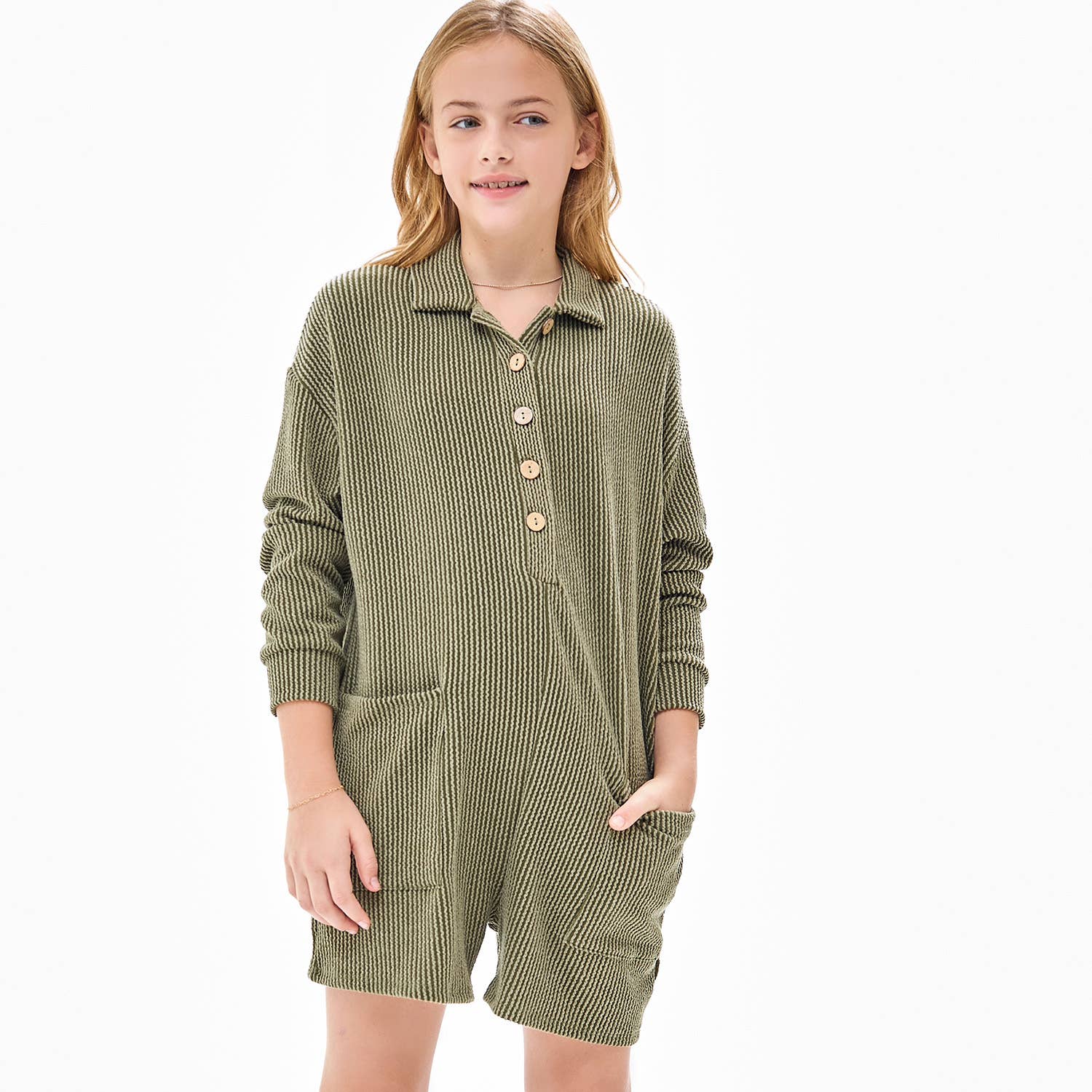Good Girl - Wholesale Romper - Kids - Embossed Rib Collared Button Up Romper1