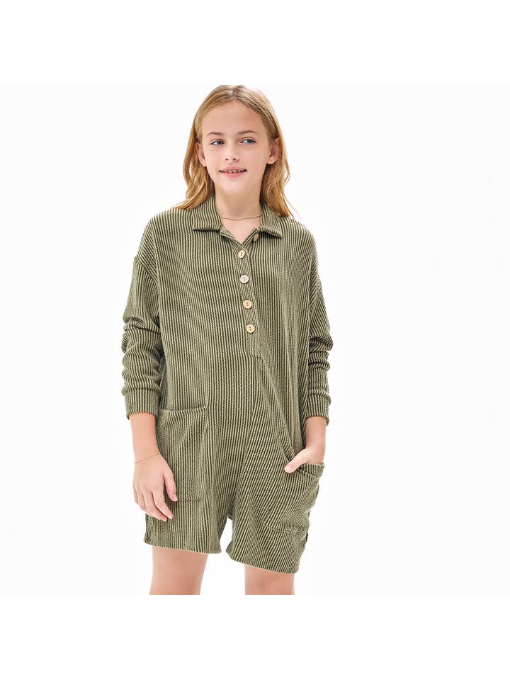 Good Girl - Wholesale Romper - Kids - Embossed Rib Collared Button Up Romper1