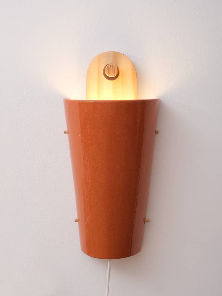 Tile wall lamp in glazed clay and wood for wholesale by Casa Atlântica