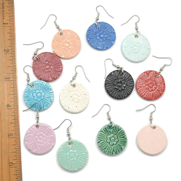 Ceramic Flower Disc Earrings - Ships Assorted Colors for wholesale by Dunitz & Company