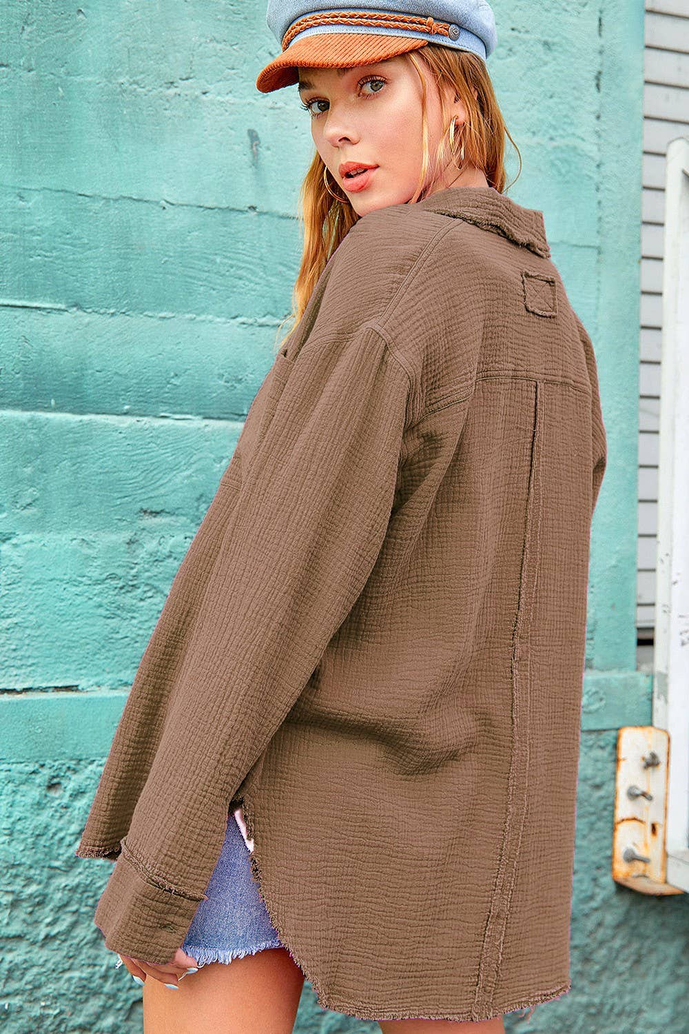 La Miel - Wholesale Button Down Shirt - Women's - SRT7448-Soft Washed Crinkled Gauze Button Down Shirts41