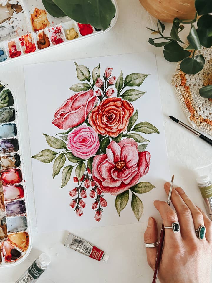 Roze boeket aquarel bloemen muurkunst print voor wholesale door MacaelaMade