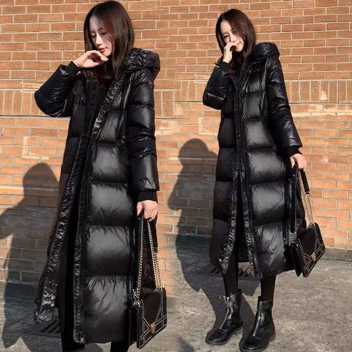 FurDecoration - Vente Manteau – femme - Manteau long en duvet de couleur unie brillante