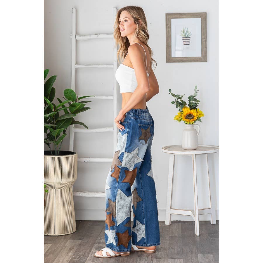 DENIM JEAN EN CUIR PU LAVÉ AVEC ÉTOILE PATCHÉE en vente sur Faire2