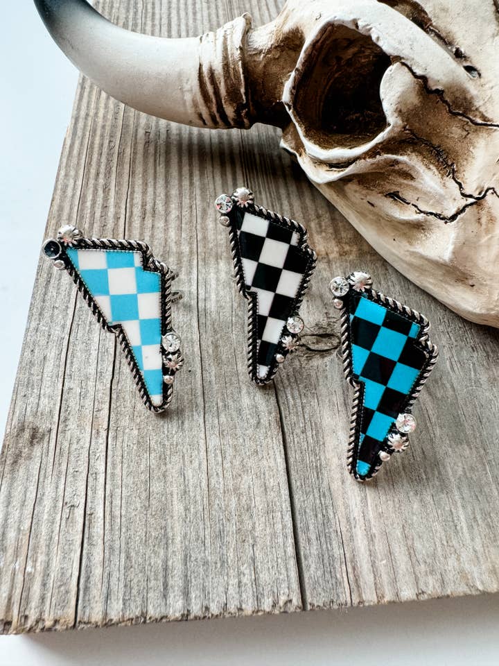 Western Checkered Cuff Ring - oval or lightning bolt for wholesale by Boho Ranch Shop