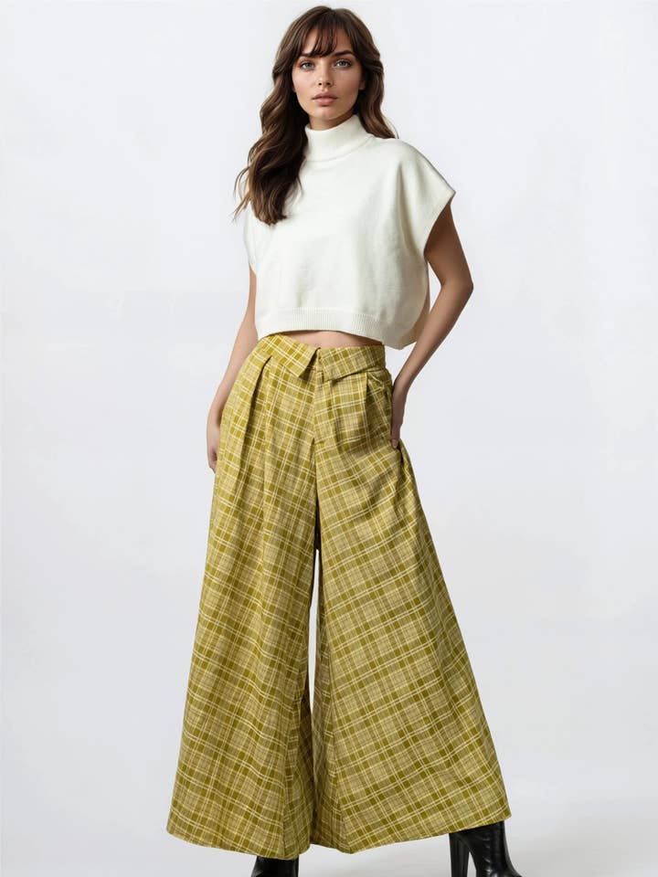 Foldover Waist Plaid Trouser for wholesale by KATE HEWKO