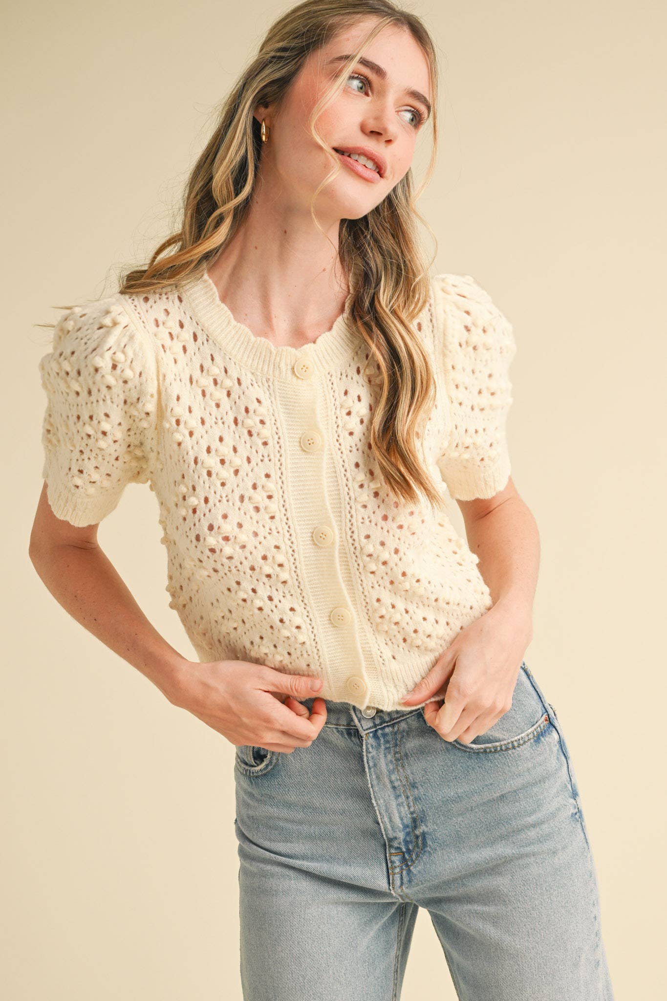 &MERCI - Wholesale Cardigan - Women's - CROPPED POINTELLE BUTTON DOWN SWEATER CARDIGAN MSW108575