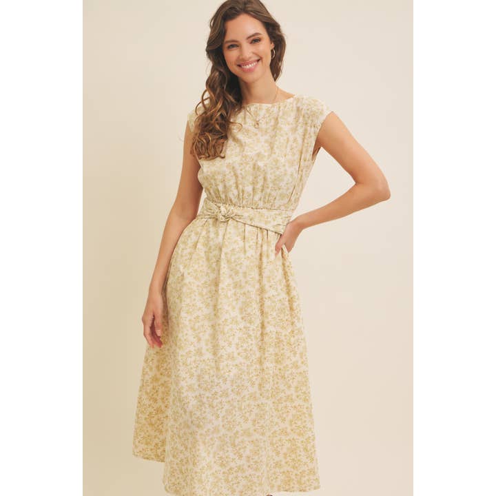 in february - Wholesale Dress - Women's - BOAT NECK PLEATED SLEEVELESS FLORAL MIDI DRESS