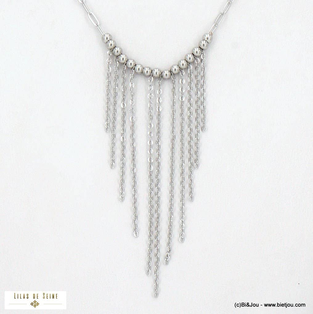 Lilas de Seine - Wholesale Bib Necklace - Stainless steel necklace, chains, fringes and balls 01225343