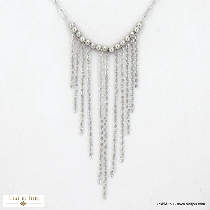 Lilas de Seine - Wholesale Bib Necklace - Stainless steel necklace, chains, fringes and balls 01225343
