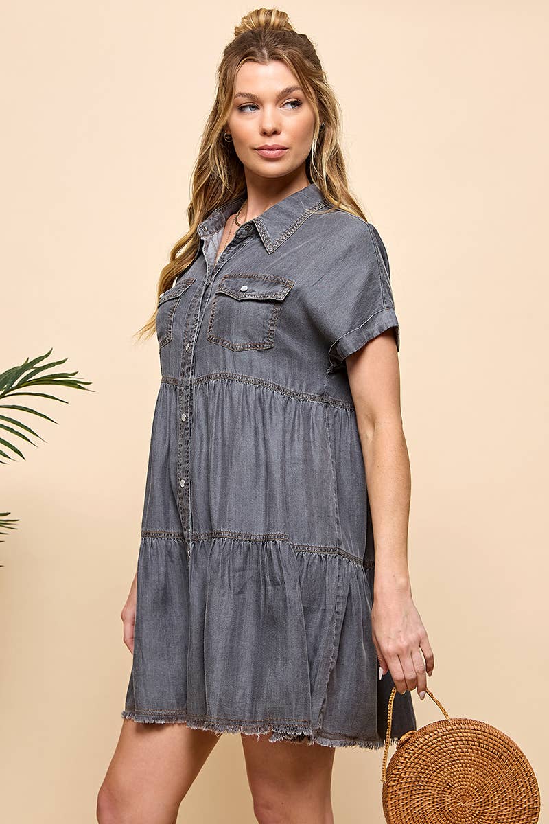 TIERED BUTTON DOWN DENIM DRESS for wholesale on Faire2