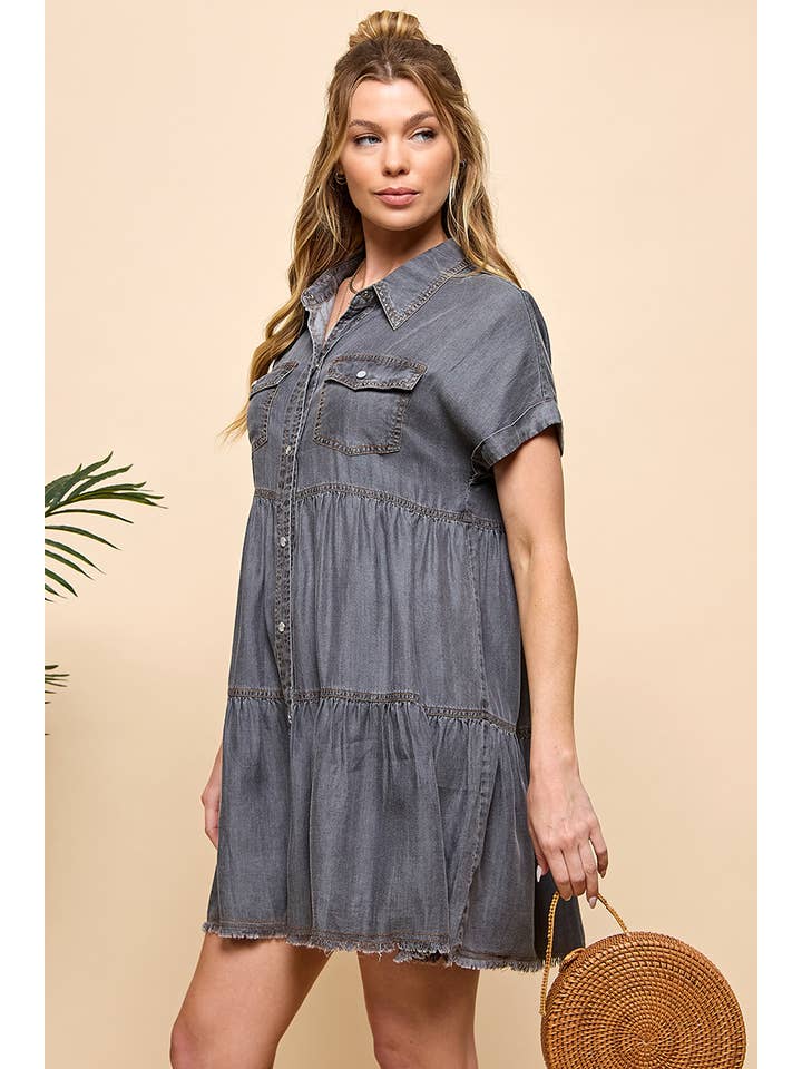 TIERED BUTTON DOWN DENIM DRESS for wholesale on Faire2