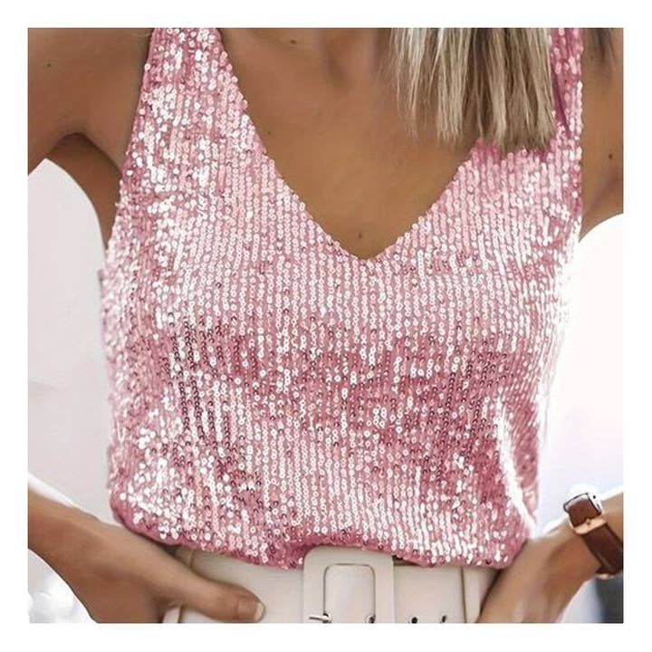 Sheer Trend - Wholesale Blouse - Women's - Sparkling V-Neck Loose Tank Top2