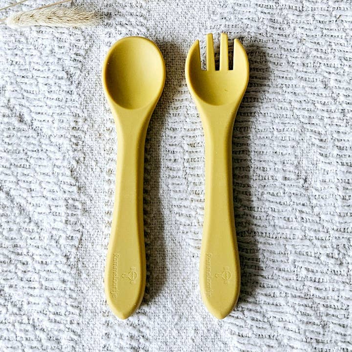 Cucchiaio e forchetta in silicone - Ocra per la vendita all'ingrosso da parte di Rammelaartje