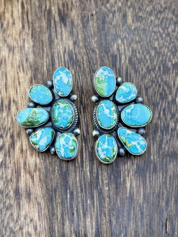 Navajo Handmade Sterling Silver Sonoran Gold Turquoise Half Cluster Earrings for wholesale by Native City Jewelry