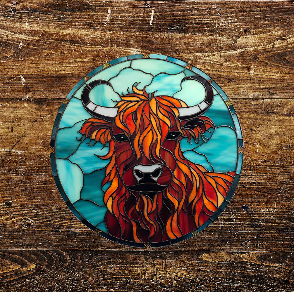 The British Metal Signs Company - Venta al por mayor Letreros - Letrero circular de metal con efecto de vitral Highland Cow0