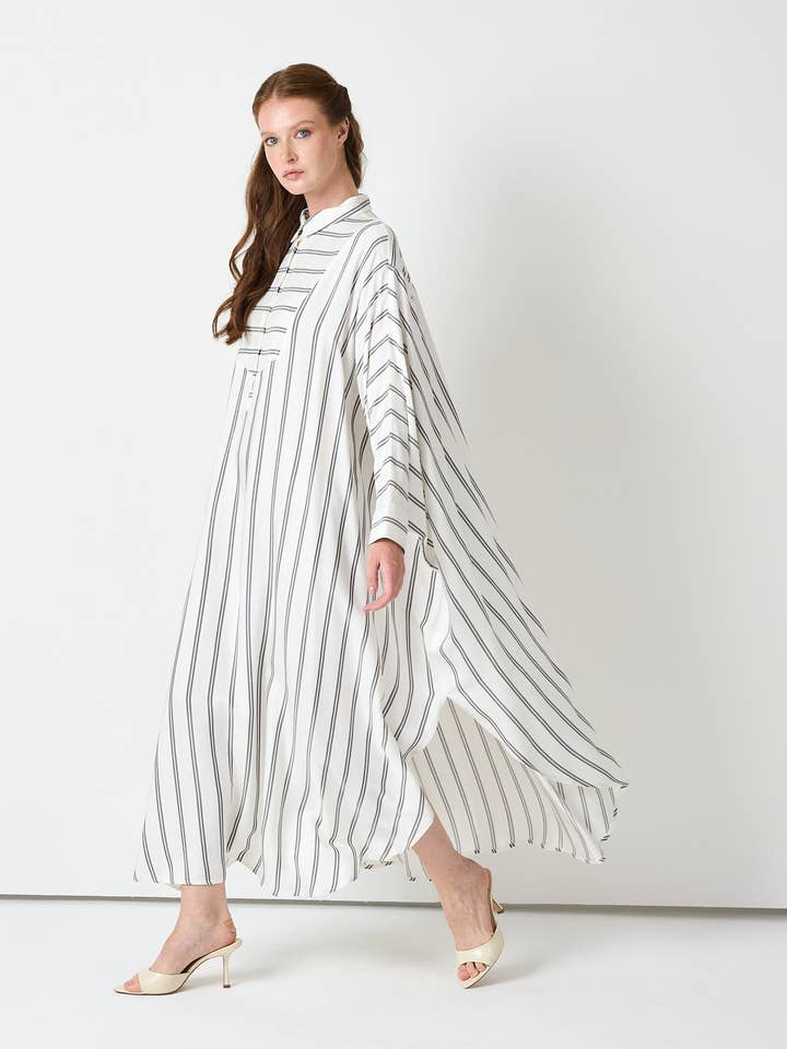 White Striped Maxi Dress with Collar for wholesale by Store WF