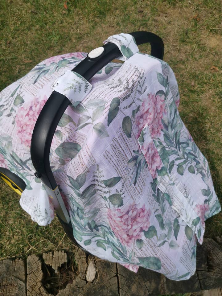 Vintage Hydrangea Muslin Stroller Cover for wholesale by Baby Laurel Organics