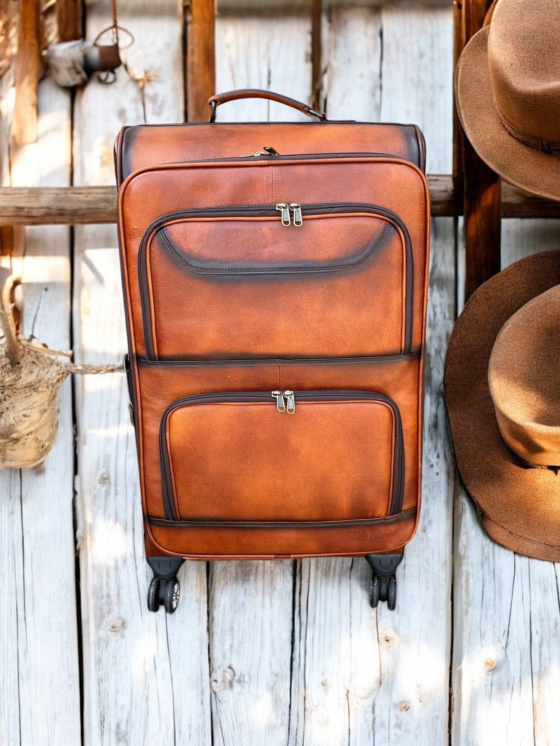 Western Linens - Wholesale Luggage - Burn Leather Rolling Suitcase Carry Luggage 0