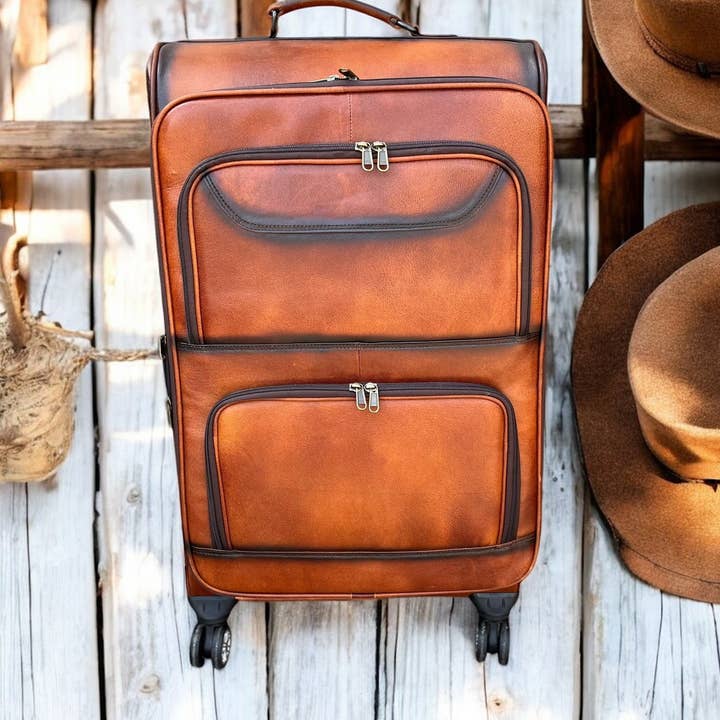 Western Linens - Wholesale Luggage - Burn Leather Rolling Suitcase Carry Luggage
