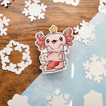 Axolotl Lumières de Noël, autocollant Kawaii, idée cadeau unique pour la vente par Cozy Bee Creates
