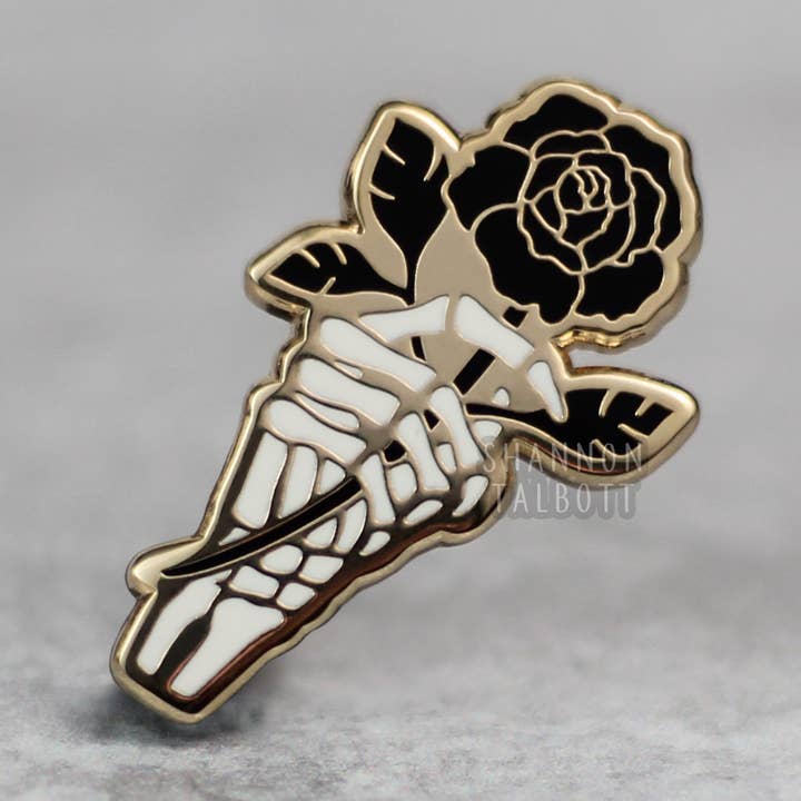 Shannon Talbott - Wholesale Lapel Pin/Button - Skeleton Rose Flower Gothic Enamel Pin - Black0