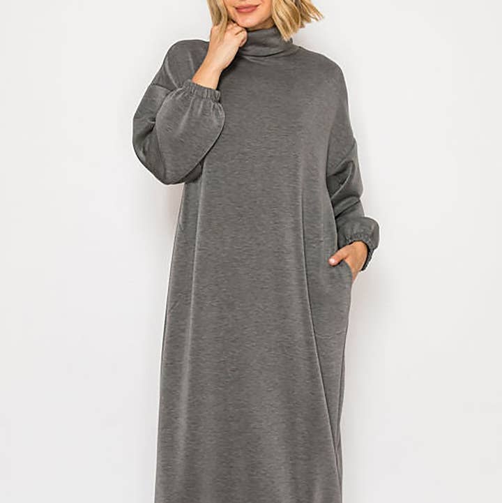 VESTIDO MIDI DE MANGA COMPRIDA SÓLIDO COM BOLSOS LATERAIS por atacado de ROUSSEAU