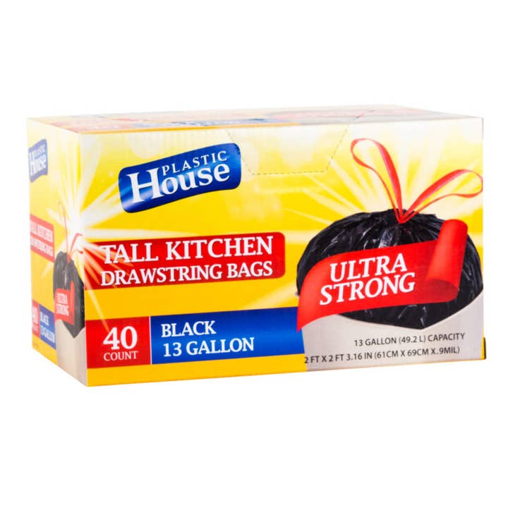 13 Gallon Drawstring Trash Bags Black Can Liner Kitchen 40ct for wholesale by HomeyGear
