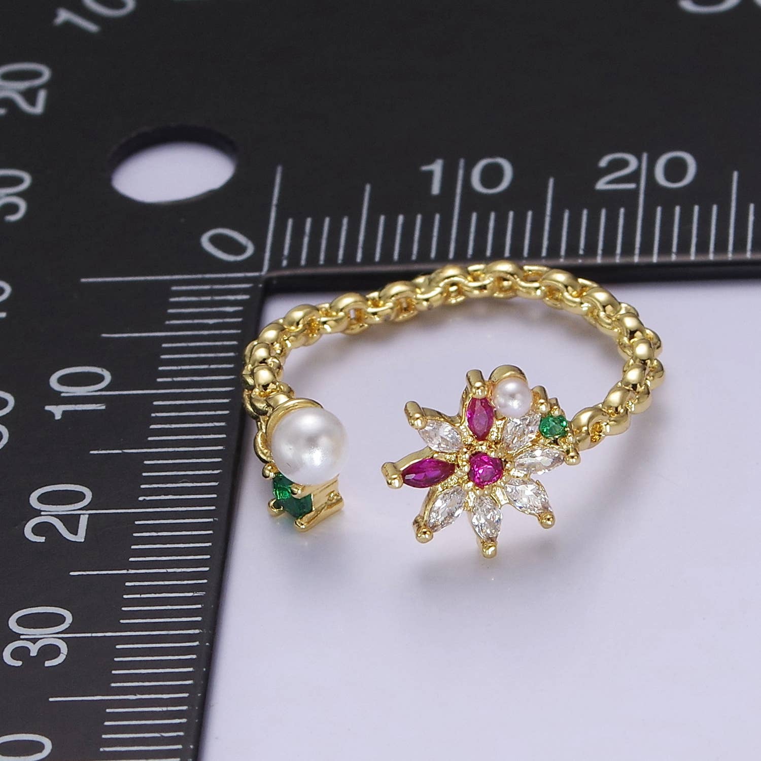 Aim Eternal - Wholesale Multi-Stone Ring - Dainty Pearl CZ Crystal Daisy Flower Gold Ring O21044