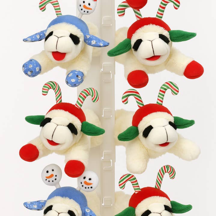 Multipet Holiday Lamb Chop 10.5” Plush Dog Toy - Special Edition 12-Piece Clipstrip (Candy Cane & Snowman) for wholesale by Playful Tail