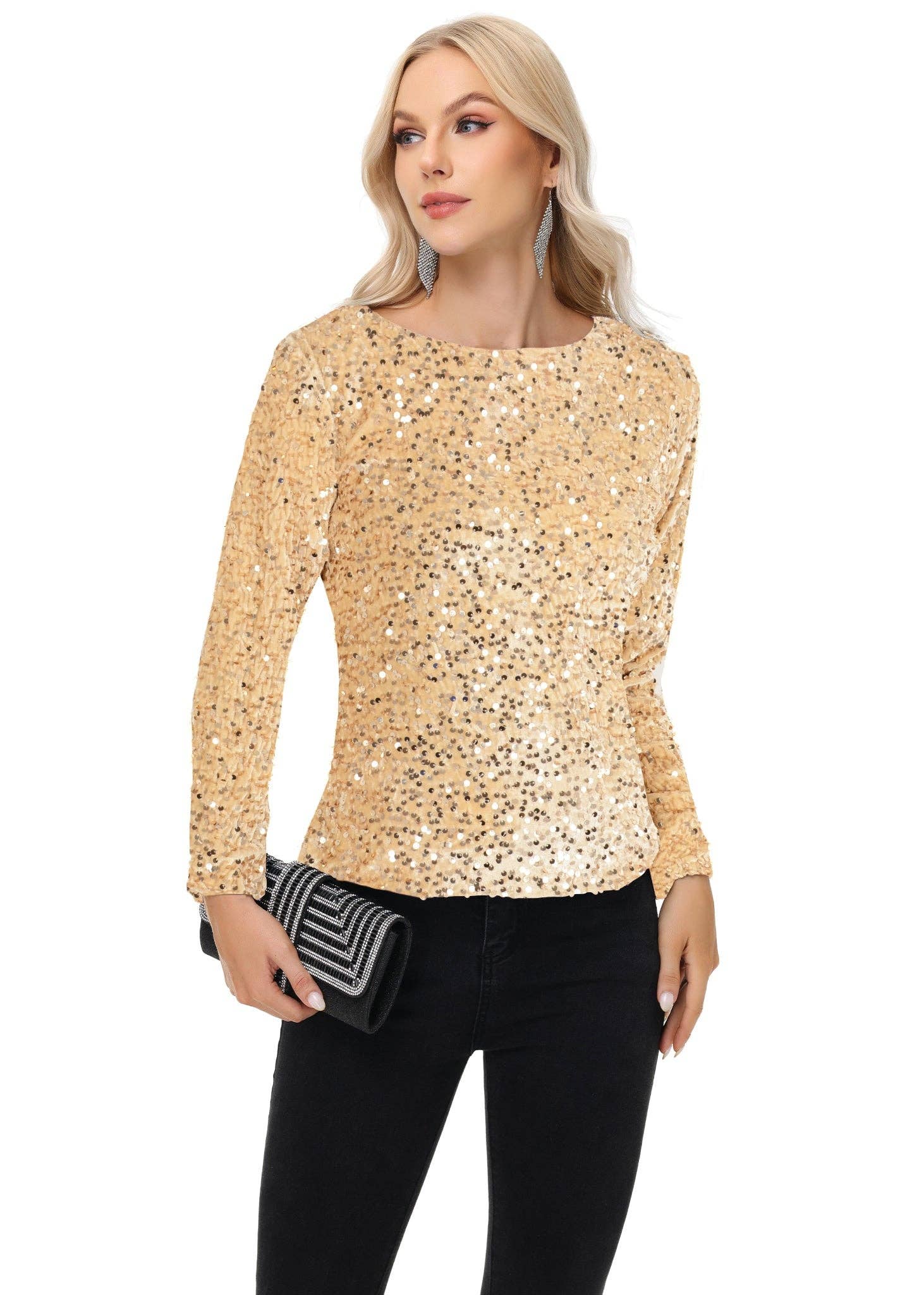 Anna Kaci Wholesale - Wholesale Blouse - Women's - Long Sleeve Sequin Tops Sparkly Glitter Evening Party21