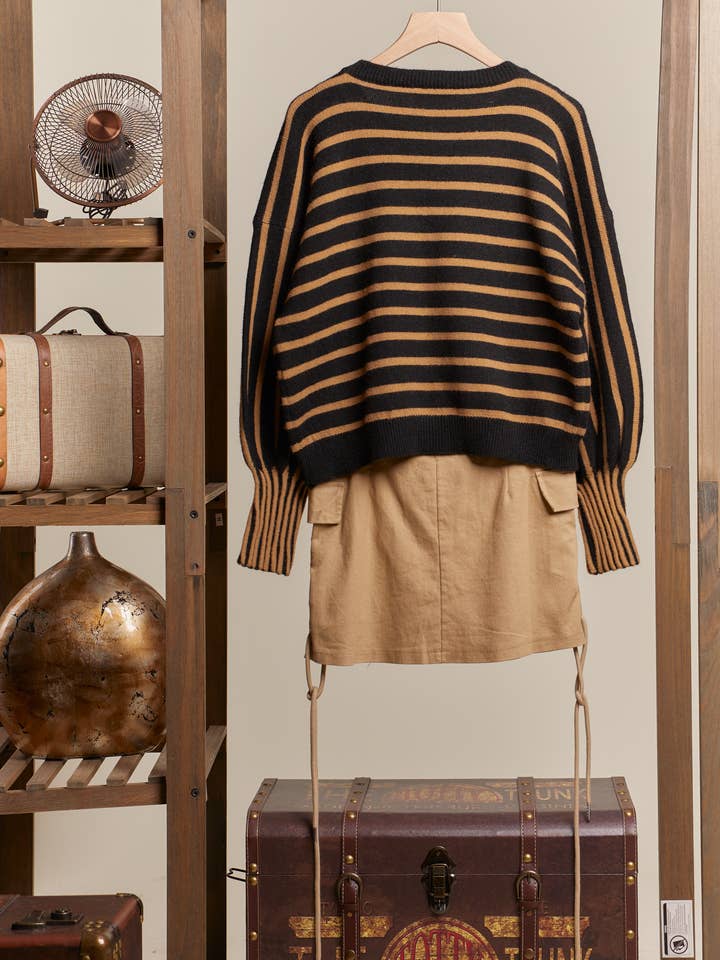 Mello. - Wholesale Knit Sweater - Women's - Stripe Puff Sleeve Sweater