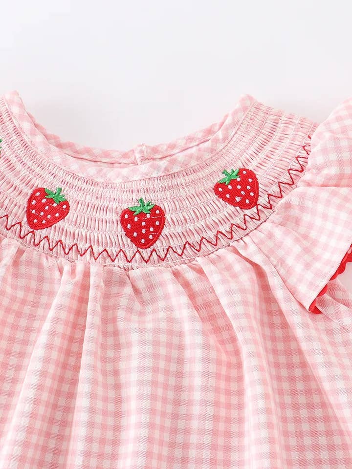 Rylee Faith Designs - Wholesale Jurk - Kinderen - Baby meisjesjurk met aardbeienborduursel en geruite smock.3