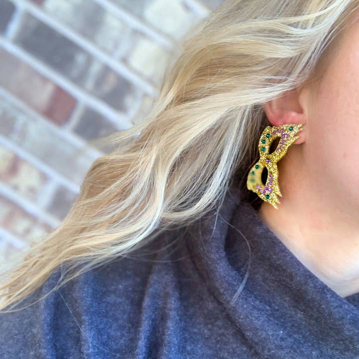 Scout Celebration Jeweled Mardi Gras Mask Earrings for wholesale by THE ACCESSORY SCOUT
