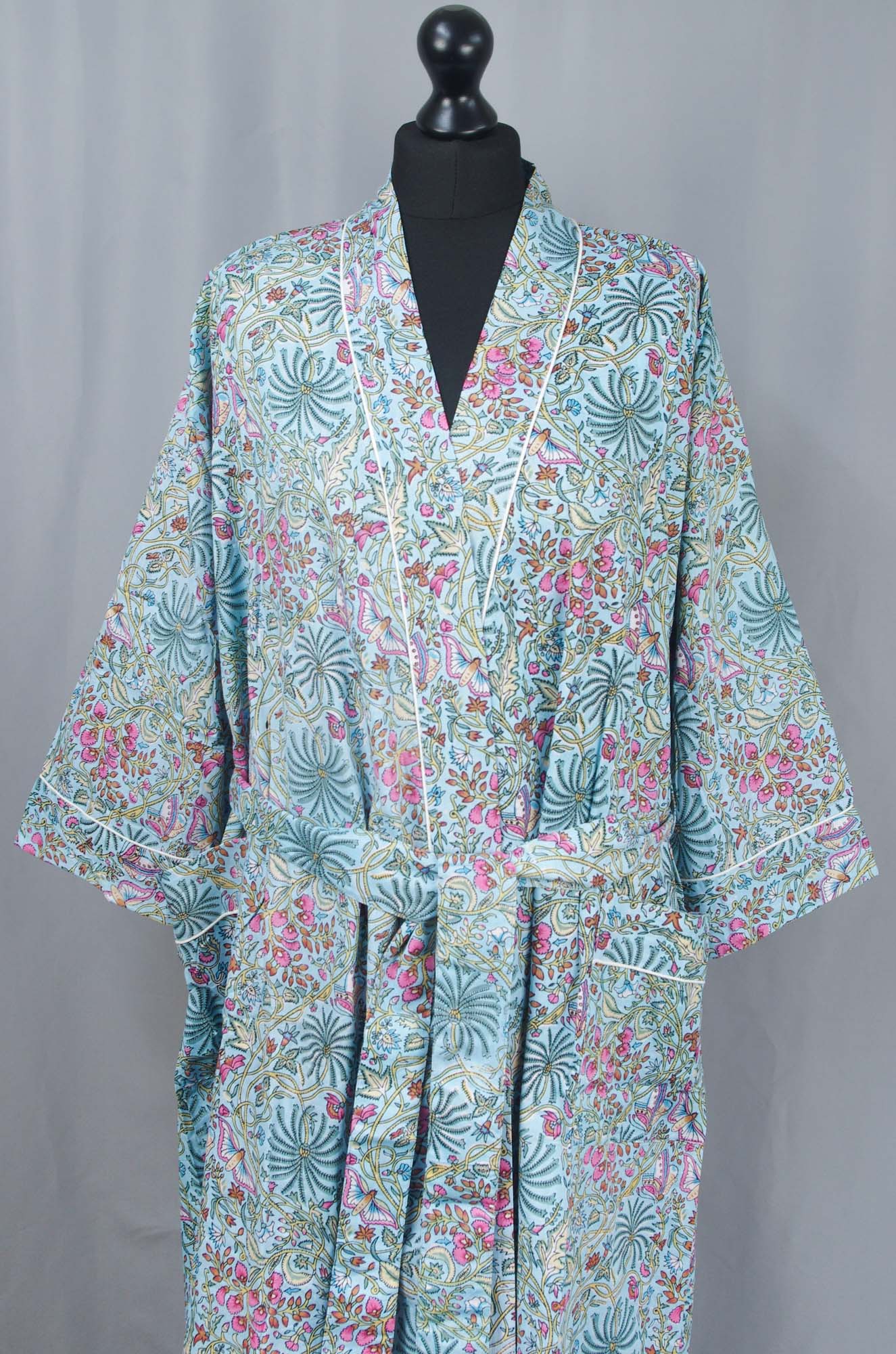 Kantha Decor - Wholesale Robe – Women's - Cotton Kimono Dressing Gown Robe -Turquoise Palm Tree